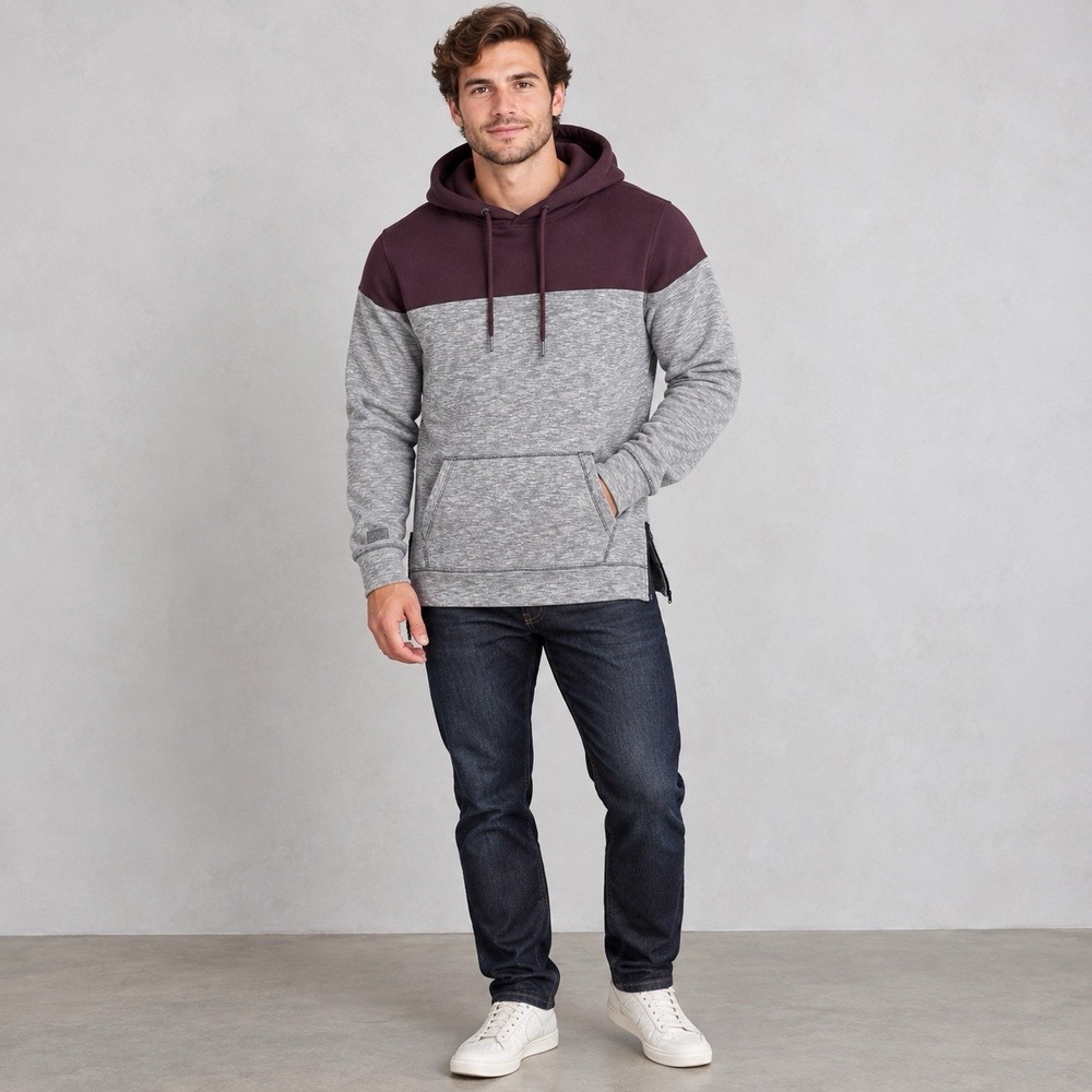Hollister Men Hoodie Size L GrayBurgundy Colorblock Side Zip Pullover Sweatshirt